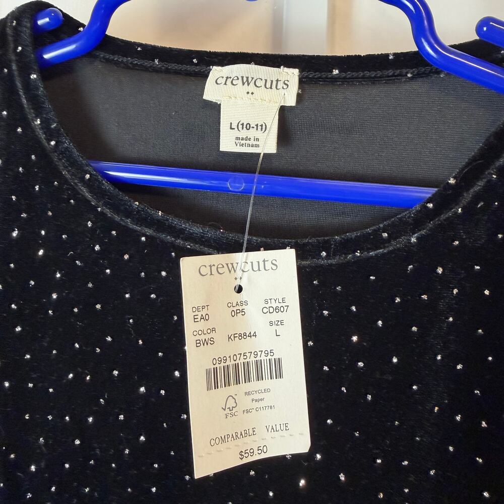 J. Crew Crewcuts Black Velvet Rhinestone Studded Short Sleeve Top Girls L‎ 10-11